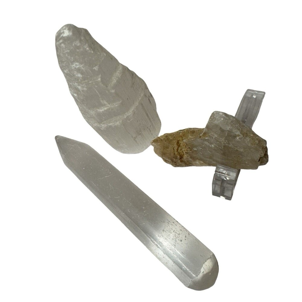3pc Selenite Crystal Lot - Polished Wand, Skyscraper Tower & Raw Natural Piece
